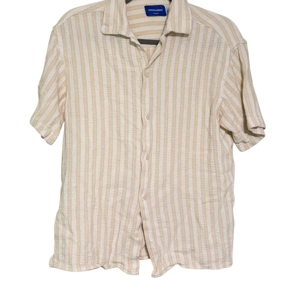 Jack & Jones Originals Beige Striped Short Sleeve Button Up Shirt Mens